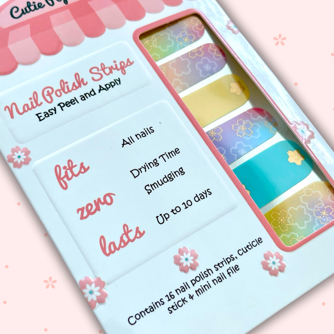 HIME pastel ombre nail strips featuring a soft gradient of delicate colors adorned with sakura blossom flowers and shimmering metallic gold accents. Inspired by Japanese motifs, this anime-inspired nail art perfectly complements kimono attire or cosplay ensembles, blending kawaii charm with elegant craftsmanship for a unique and stylish manicure.