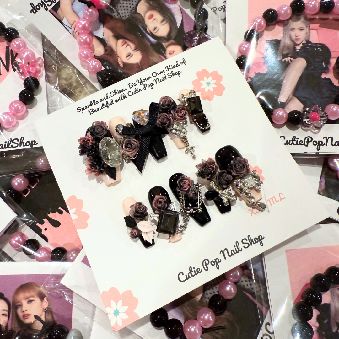 Blackpink-Inspired Press-On Nails – Gothic Rose Concert Set