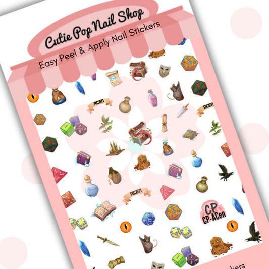 CPNS x ACen Roll for Initiative nail stickers by Cutie Pop Nail Shop featuring a fantasy RPG theme with colorful dice, potions, swords, spellbooks, and magical elements arranged on a pink edged display card labeled "Easy Peel & Apply Nail Stickers.