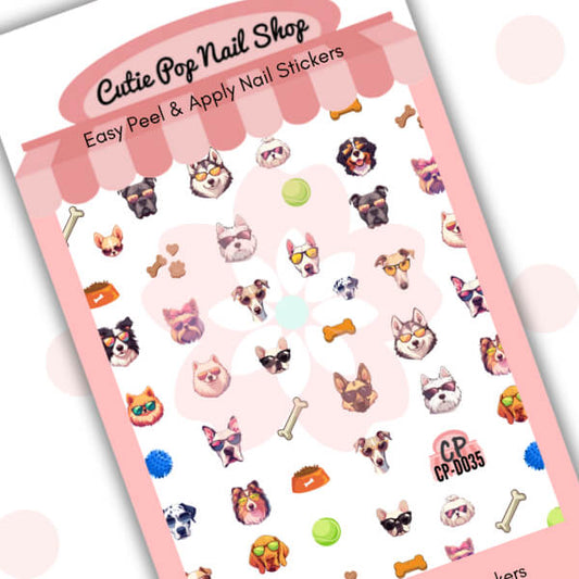 Doggo nail stickers by Cutie Pop Nail Shop featuring an adorable mix of dog faces, bones, paw prints, hearts, and playful elements in soft pastel tones arranged on a pink edged display card labeled "Easy Peel & Apply Nail Stickers."