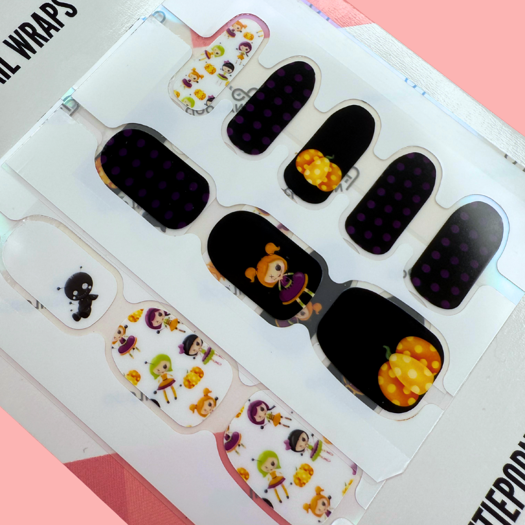 Voodoo Boo Halloween nail wraps with voodoo dolls, pumpkins, and polka dots
