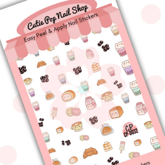 Neko Bakery nail stickers by Cutie Pop Nail Shop featuring a delightful mix of cat-themed pastries, kawaii bread, rolling pins, chef hats, and sweet treats in soft pastel colors arranged on a pink edged display card labeled "Easy Peel & Apply Nail Stickers."