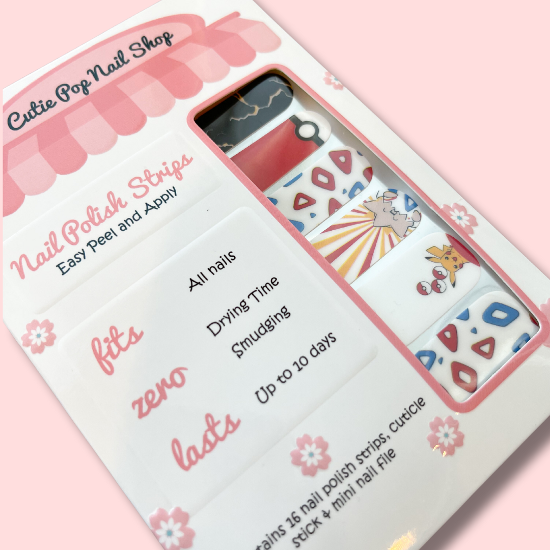 Electrifying nail strips by Cutie Pop Nail Shop featuring vibrant yellow and electric blue hues with dynamic lightning bolt patterns and glossy finishes, capturing energetic and bold anime-inspired vibes for a striking manicure.
Want it more playful or intense?