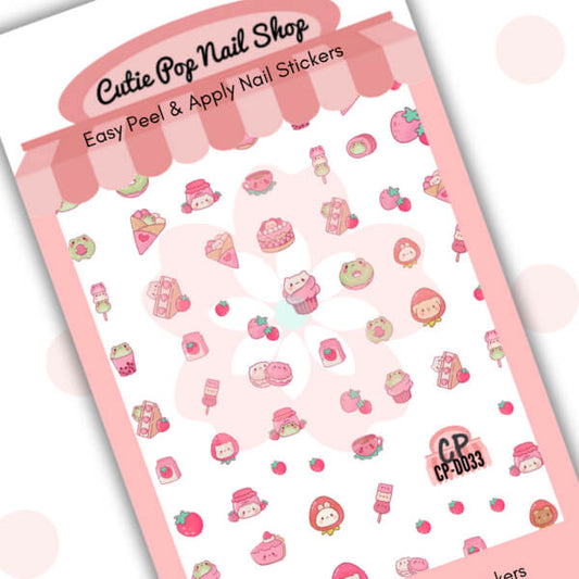 Strawberry Cat nail stickers by Cutie Pop Nail Shop featuring a sweet blend of strawberry motifs, cute cat faces, hearts, and pastel accents arranged on a pink edged display card labeled "Easy Peel & Apply Nail Stickers."