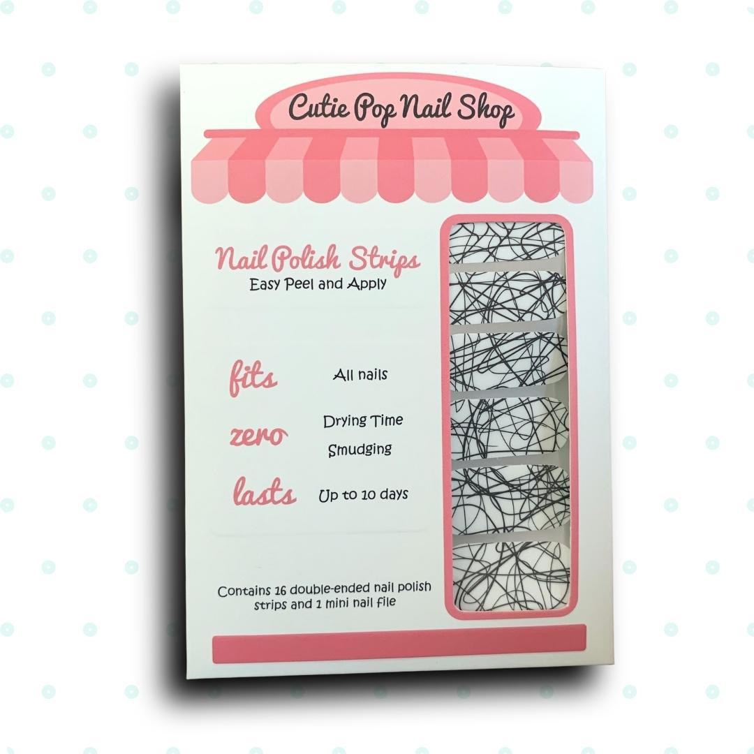 White with Black Scribble Effect Nail Polish Wraps - Cutie Pop Nail Shop