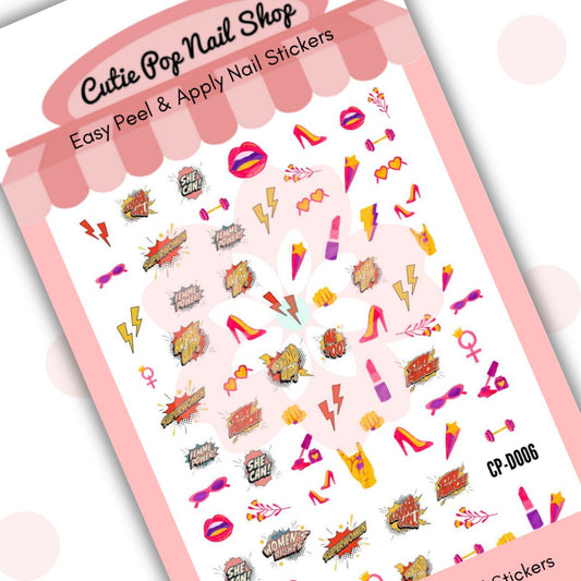 She Can! nail stickers by Cutie Pop Nail Shop featuring ultra thin 2D designs in bold pink, red, yellow, and purple tones, including lips, nail polish, stilettos, flowers, fist pumps, stars, lightning bolts, and empowering messages arranged on a pink edged display card labeled "Easy Peel & Apply Nail Stickers."