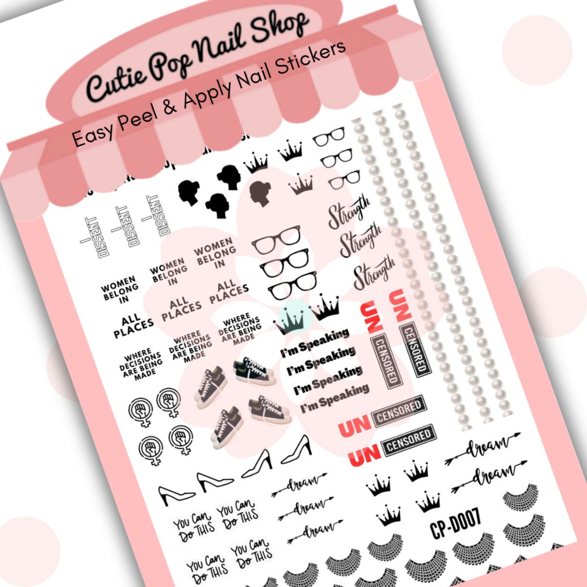 Trailblazers nail stickers by Cutie Pop Nail Shop featuring hand-drawn portraits of iconic women alongside empowering phrases like “You can do this,” “We belong in all places,” and “Strength” in bold and pastel colors arranged on a pink edged display card labeled "Easy Peel & Apply Nail Stickers."