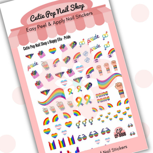 Pride nail stickers by Cutie Pop Nail Shop featuring hand-drawn hearts, stars, flags, and symbols representing various LGBTQ+ identities in vibrant rainbow and pastel tones arranged on a pink edged display card labeled "Easy Peel & Apply Nail Stickers."