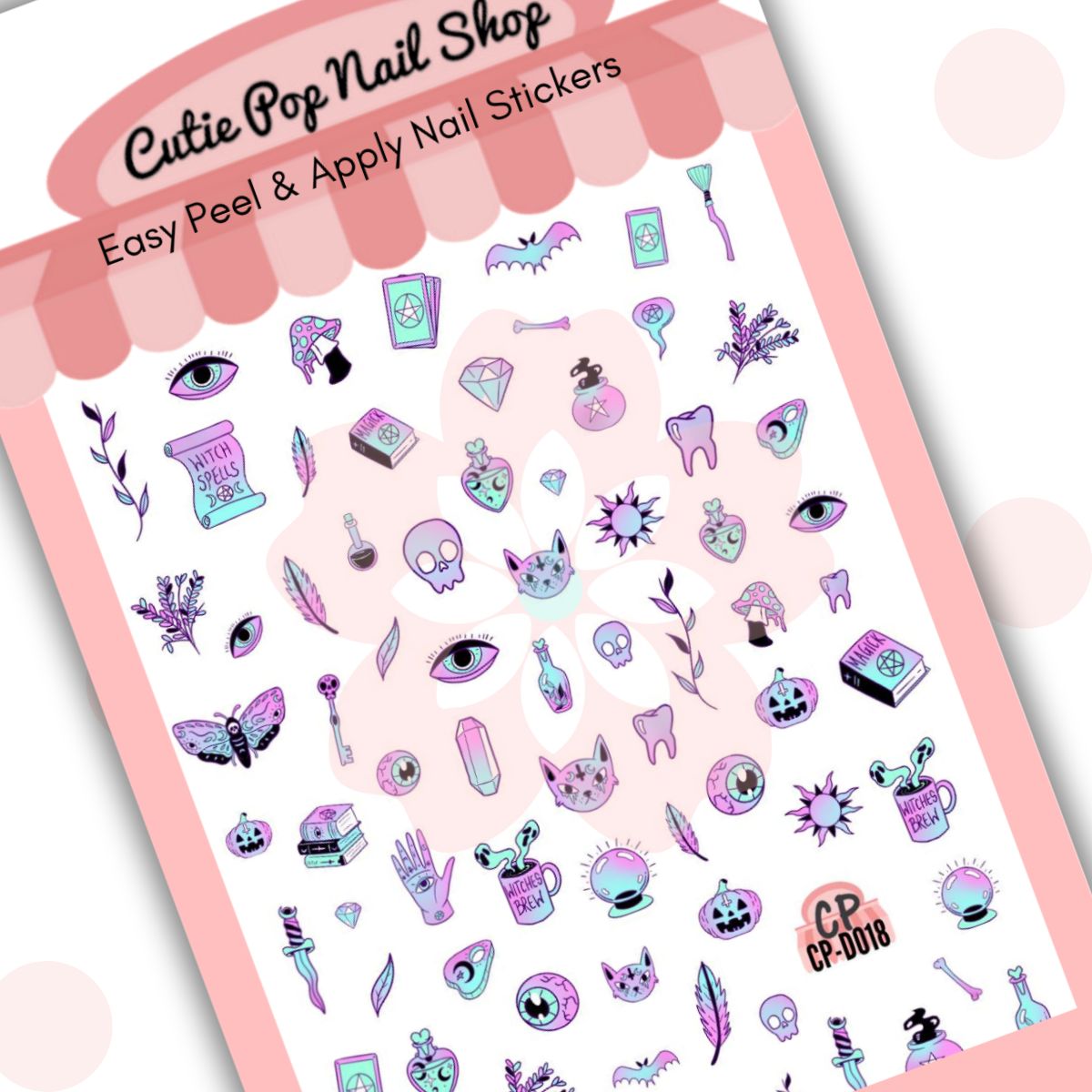 Witchy Vibes nail stickers by Cutie Pop Nail Shop featuring ultra thin 2D designs in purple and turquoise tones, including pumpkins, potions, eyeballs, crystal balls, ghouls, and witchy treats arranged on a pink edged display card labeled "Easy Peel & Apply Nail Stickers."