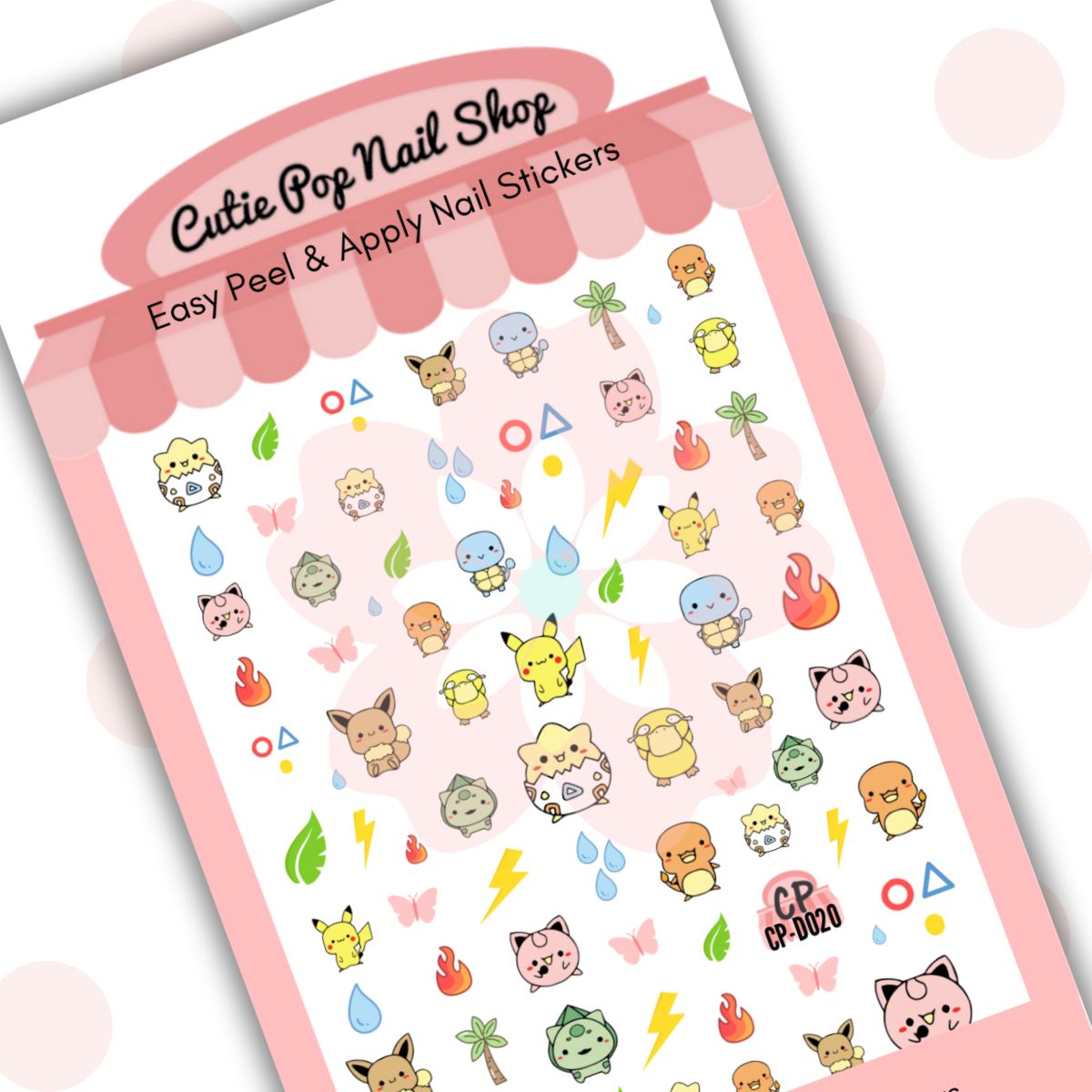 Elements nail stickers by Cutie Pop Nail Shop featuring ultra thin 2D designs inspired by Pokémon, including electric-type characters, leafy forests, trees, butterflies, and elemental creatures in a playful, nature-themed style arranged on a pink edged display card labeled "Easy Peel & Apply Nail Stickers."
