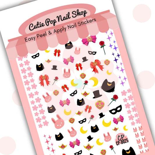 Luna nail stickers by Cutie Pop Nail Shop featuring ultra thin 2D designs including ribbons, roses, moons, masks, pink rabbits, black cats, and witchy hats arranged on a pink edged display card labeled "Easy Peel & Apply Nail Stickers."