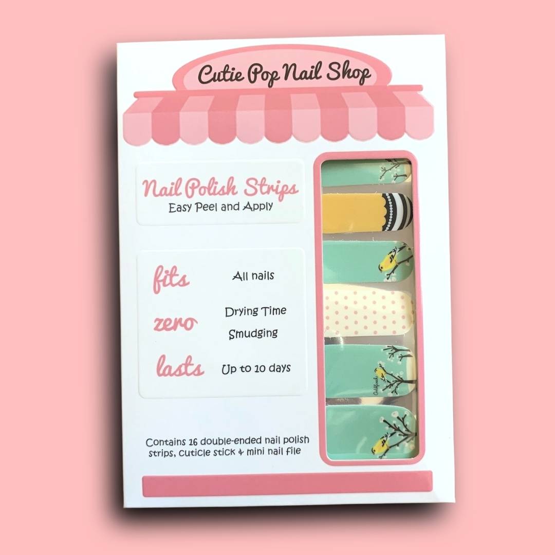 Polka Dots and Yellow Birds over Green Base Nail Polish Wraps - Cutie Pop Nail Shop
