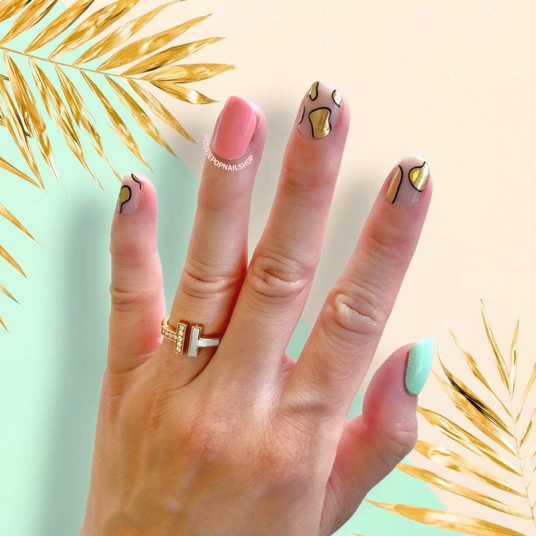 Gold pattern nails with pink and green, perfect elegant spring and easter nails