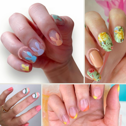 This image contains a collage of Cutie Pop Nail Shop's spring nails.