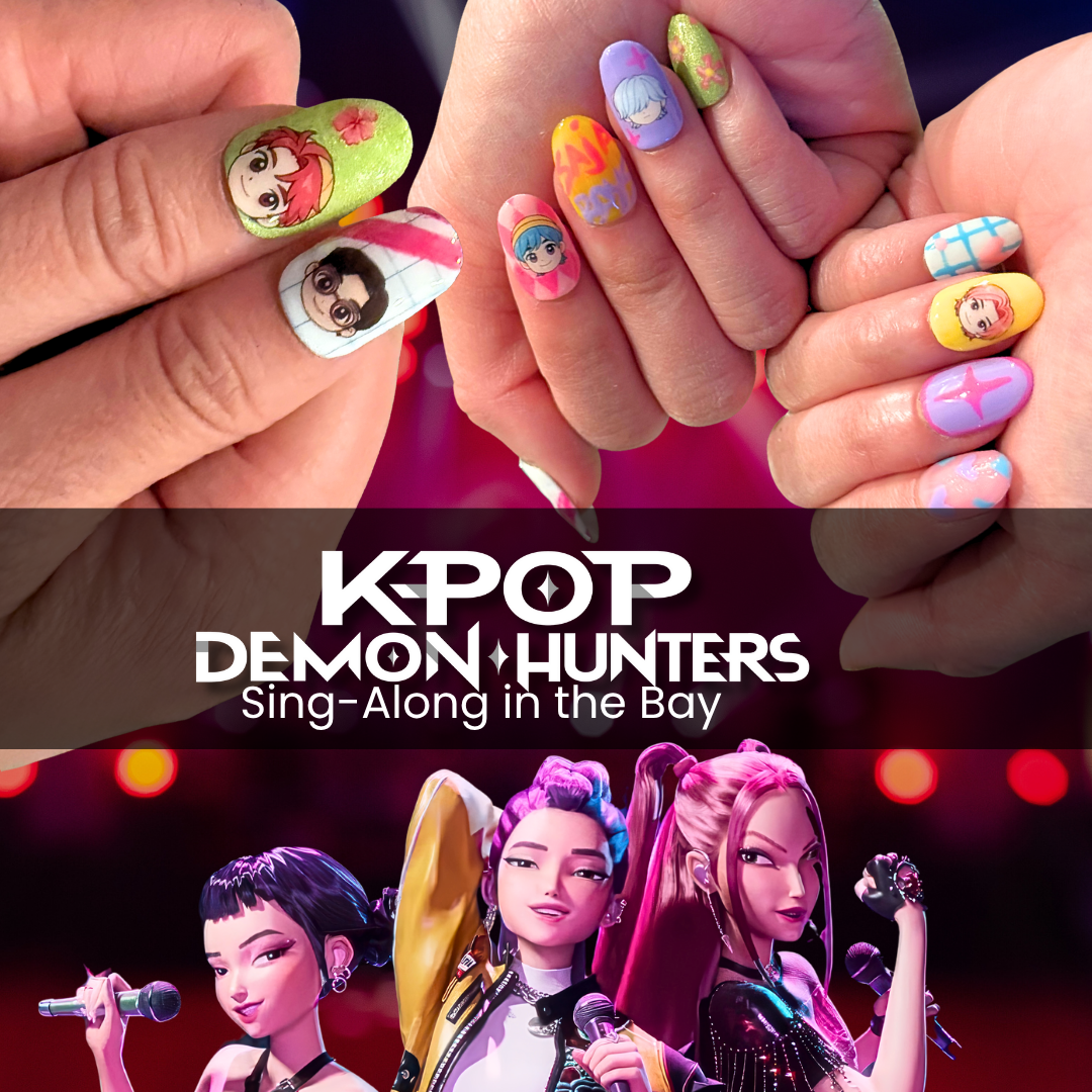 KPOP Demon Hunters themed press on nails featuring colorful anime character nail art with chibi designs, glitter, and pastel colors for K-pop fans