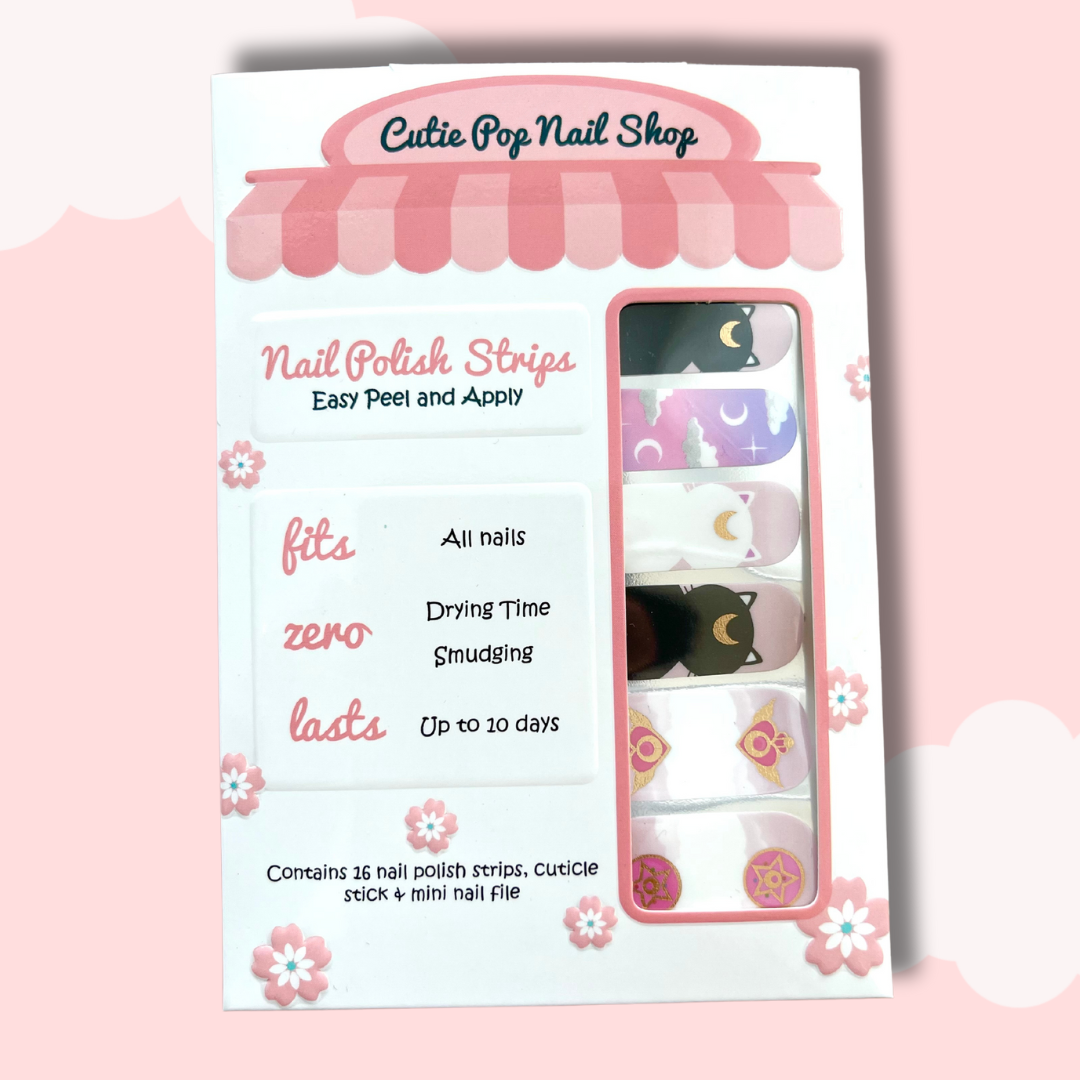 LUNA nail stickers by Cutie Pop Nail Shop featuring soft lavender and midnight blue shades with crescent moon and star motifs, accented with subtle sparkles for a dreamy, celestial anime-inspired manicure.