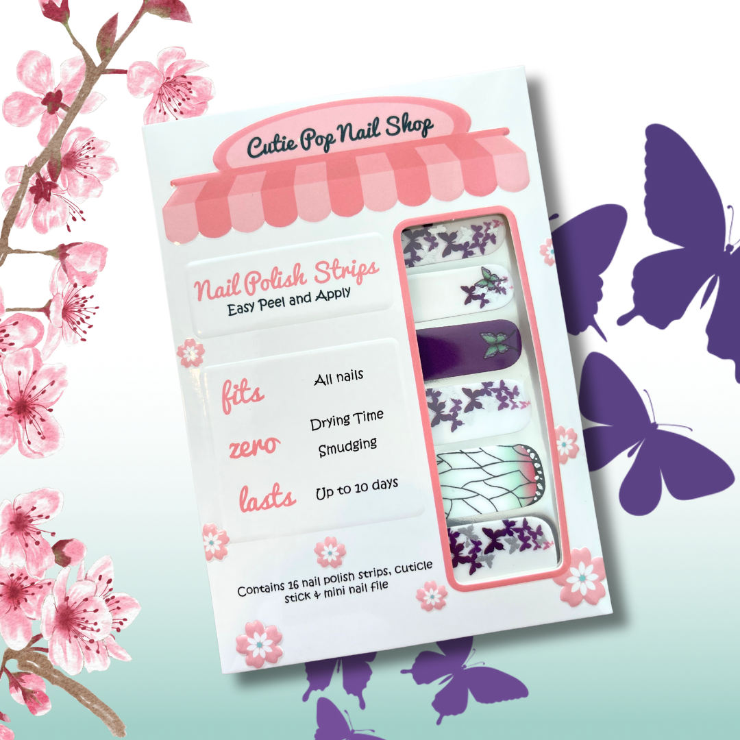 Butterflies nail stickers by Cutie Pop Nail Shop featuring ultra thin 2D designs of colorful butterflies in various sizes and styles, accented with pastel tones and soft whimsical details arranged on a pink edged display card labeled "Easy Peel & Apply Nail Sticker