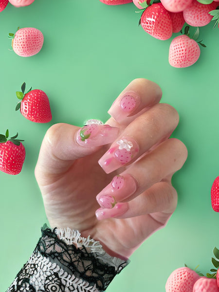 Sweet strawberry, pink, fake nails, pressons, Easter, strawberry nails