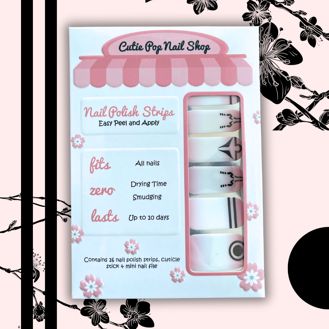Sorcerers anime nail strips inspired by Jujutsu Kaisen, featuring a cream to peach ombre design with detailed demon tattoo motifs. Perfect for anime cosplay, these reusable press-on nail strips make creating a seamless ombre effect easy and stylish.