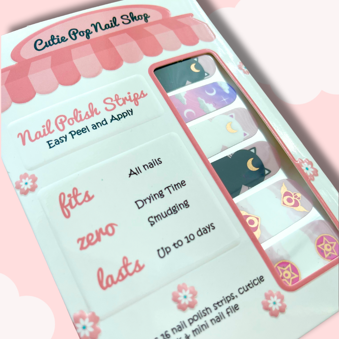 LUNA nail stickers by Cutie Pop Nail Shop featuring soft lavender and midnight blue shades with crescent moon and star motifs, accented with subtle sparkles for a dreamy, celestial anime-inspired manicure.