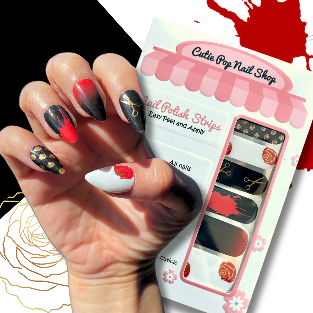 Assassin nail strips by Cutie Pop Nail Shop featuring sleek black and dark gray designs with sharp geometric patterns and subtle edgy accents, blending kawaii charm with mysterious, stealthy vibes for a stylish and bold anime-inspired manicure.