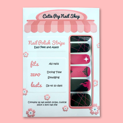 K-pop inspired nail stickers in black and pink flat lay, fan inspired nails for concerts, dance covers and K-pop merch styling	
kpop nail stickers
	•	kpop merch
	•	black pink inspired nail