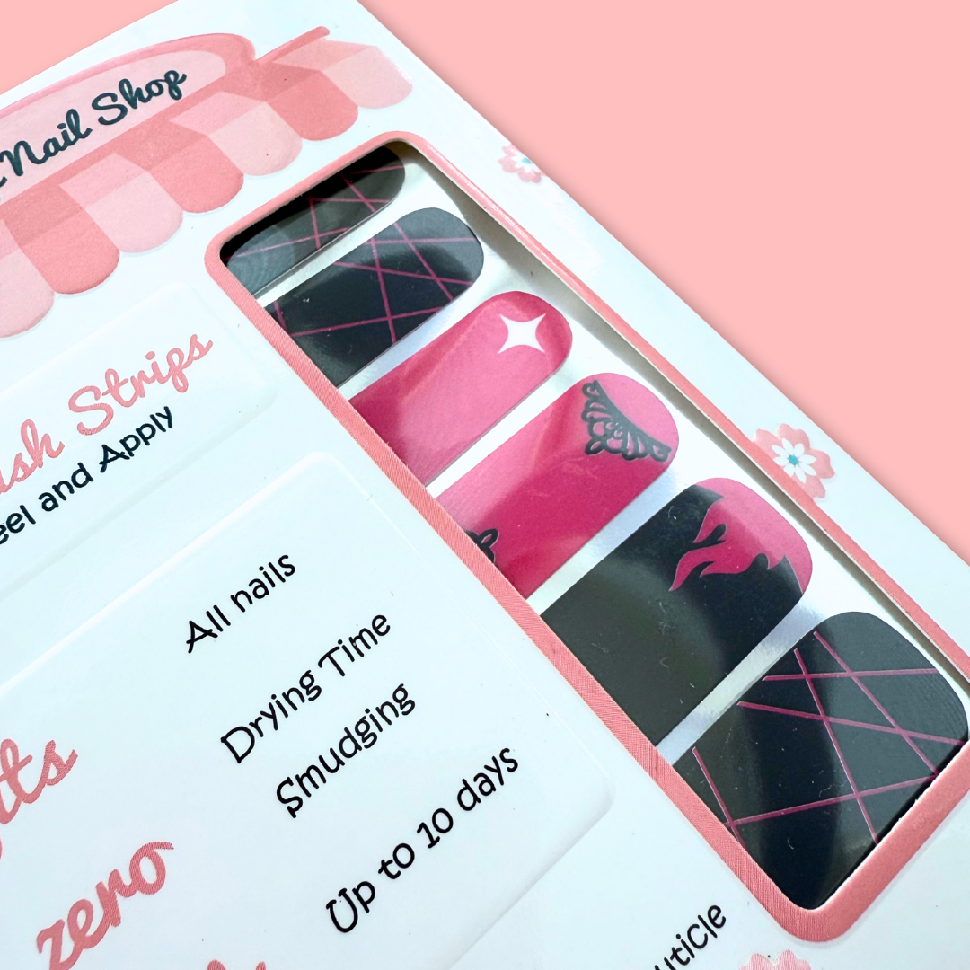 Black and pink K-pop inspired nail polish strips with crown design, peel and apply nail stickers inspired by girl group concert aesthetics
	•	kpop nail stickers
	•	kpop merch
	•	black pink inspired nail