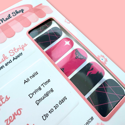 Black and pink K-pop inspired nail polish strips with crown design, peel and apply nail stickers inspired by girl group concert aesthetics
	•	kpop nail stickers
	•	kpop merch
	•	black pink inspired nail