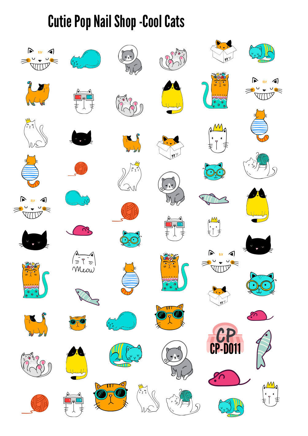 Cutie Pop Nail Shop Cool Cats nail stickers decal sheet CP-D011