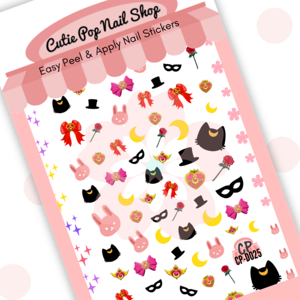 Luna nail decals with moon cats, bows, moons, roses, masks, and magical celestial details