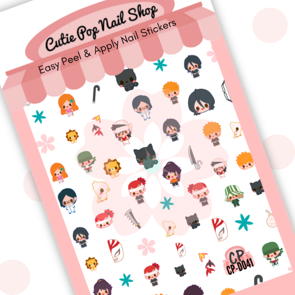 Spirit Sword nail decals with anime-style characters, sword elements, and spirit-themed icons