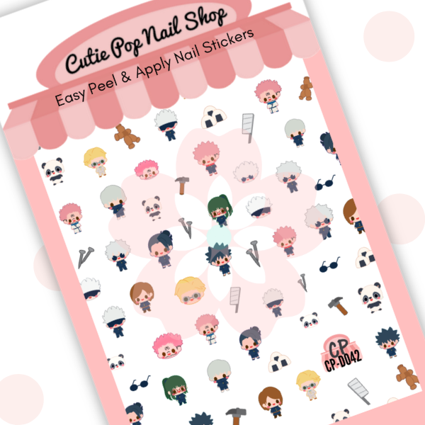 Sorcerers nail decals with anime-style characters, small props, and detailed everyday icons