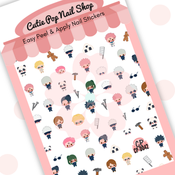 Sorcerers nail decals with anime-style characters, small props, and detailed everyday icons