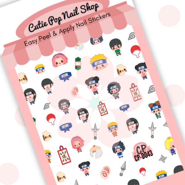Ninja nail decals with anime-style characters, village symbols, ninja tools, and playful icons