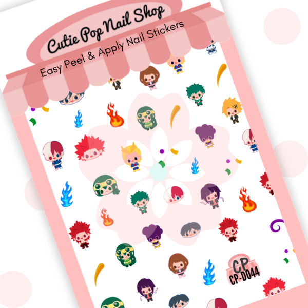 Heroes nail decals with anime-style characters, action effects, flames, and power-themed icons