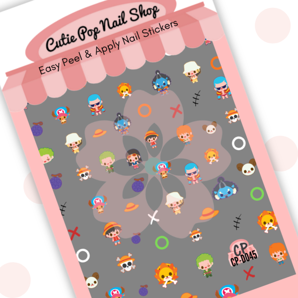 Pirates A nail decals with anime-style characters, pirate symbols, hats, and playful icons