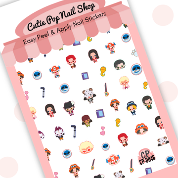 Pirates B nail decals with anime-style characters, pirate gear, symbols, and playful icons