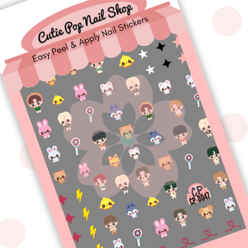 Chickie nail decals with K-pop inspired characters, animal icons, lightsticks, stars, and playful details