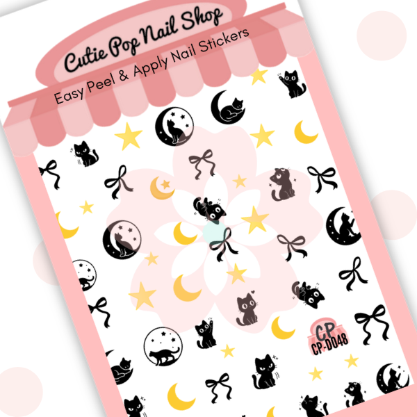Black Cat nail decals with playful black cats, moons, stars, ribbon details, and foil accents