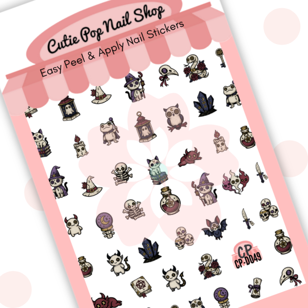 Cute Occult nail decals with mystical creatures, potion bottles, crystals, candles, skulls, and spooky-cute details