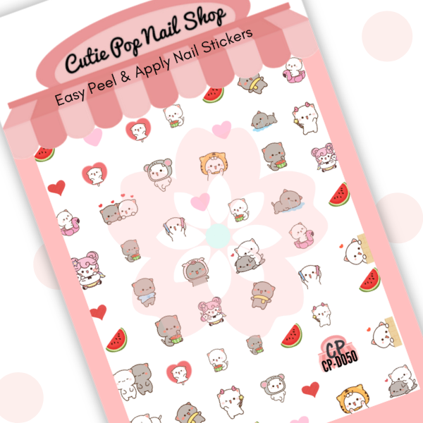 Watermelon Cat nail decals with playful cats, watermelon slices, hearts, and cute everyday details