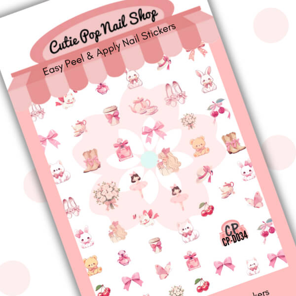 Coquette nail stickers by Cutie Pop Nail Shop featuring a charming mix of bows, hearts, roses, pearls, and lace-inspired designs in soft pink and red tones arranged on a pink edged display card labeled "Easy Peel & Apply Nail Stickers."