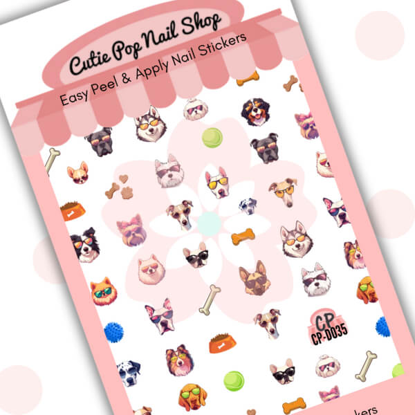 Doggo nail stickers by Cutie Pop Nail Shop featuring an adorable mix of dog faces, bones, paw prints, hearts, and playful elements in soft pastel tones arranged on a pink edged display card labeled "Easy Peel & Apply Nail Stickers."