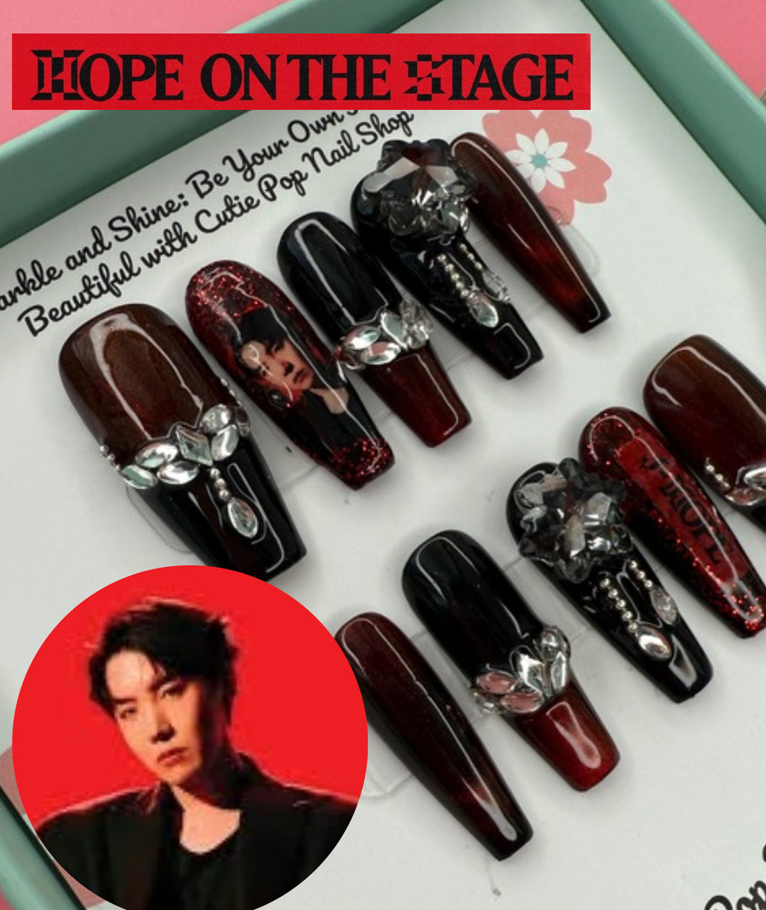 J-Hope BTS Concert-Inspired press-on nails by CutiePop Nail Shop featuring medium-length coffin-shaped nails in bold colors and playful patterns, accented with charms and design elements that reflect J-Hope’s vibrant, energetic stage presence and signature style.

