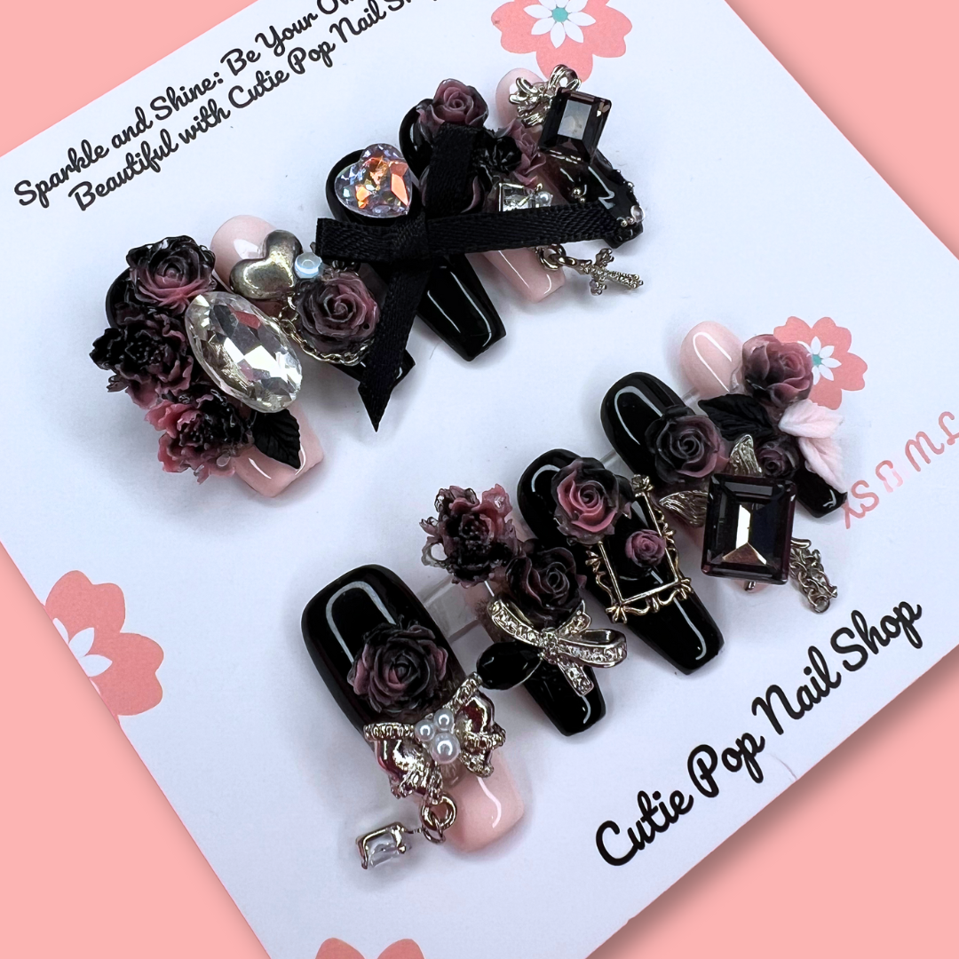 Blackpink-Inspired Press-On Nails – Gothic Rose Concert Set