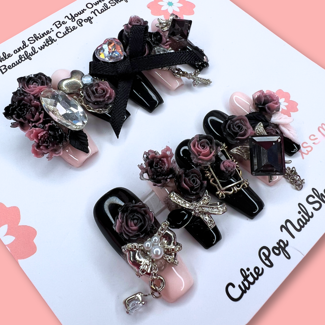 Blackpink-Inspired Press-On Nails – Gothic Rose Concert Set