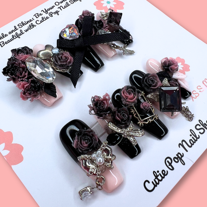 Blackpink-Inspired Press-On Nails – Gothic Rose Concert Set