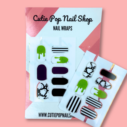 Boo Ghost Halloween nail wraps with ghost, slime, and striped designs