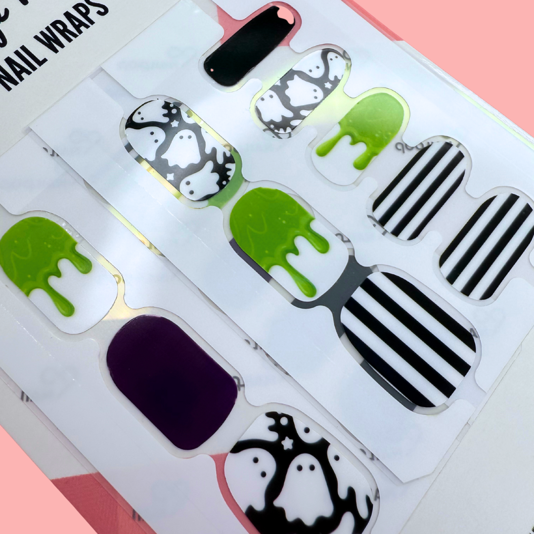 Boo Ghost Halloween nail wraps with ghost, slime, and striped designs