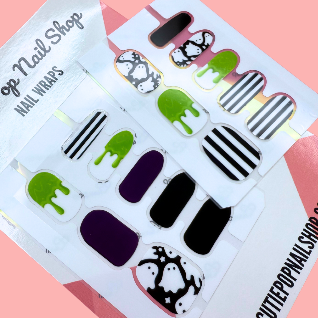 Boo Ghost Halloween nail wraps with ghost, slime, and striped designs